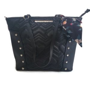 Betsey Johnson Black Leather Shoulder Bag Heart Embossed Studded Floral Scarf